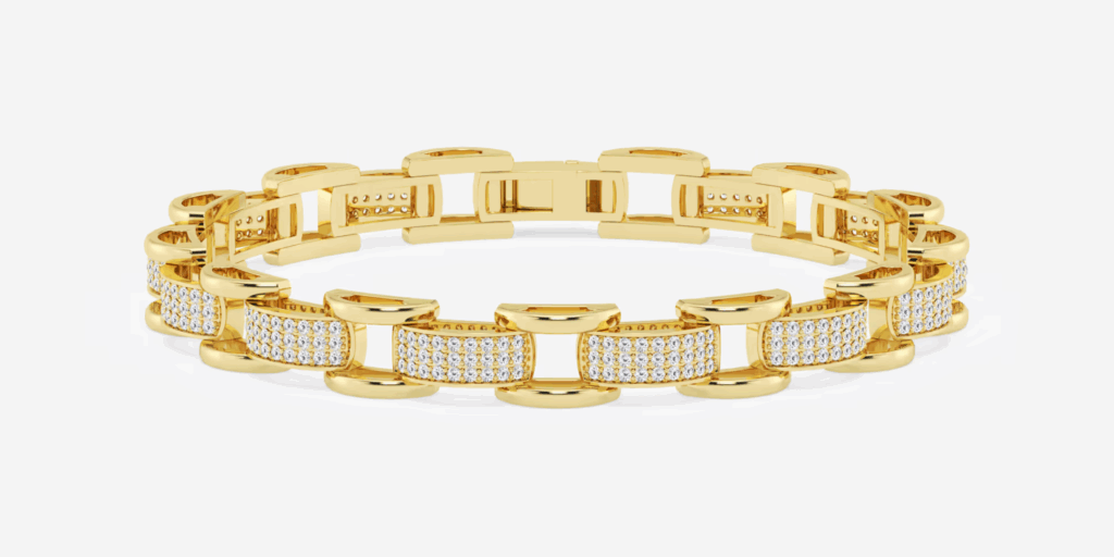 A gold chain bracelet with rectangular links, each featuring diamond pavé settings, connected by smooth gold connecting elements, displayed against a white background.RetryClaude can make mistakes. Please double-check responses.