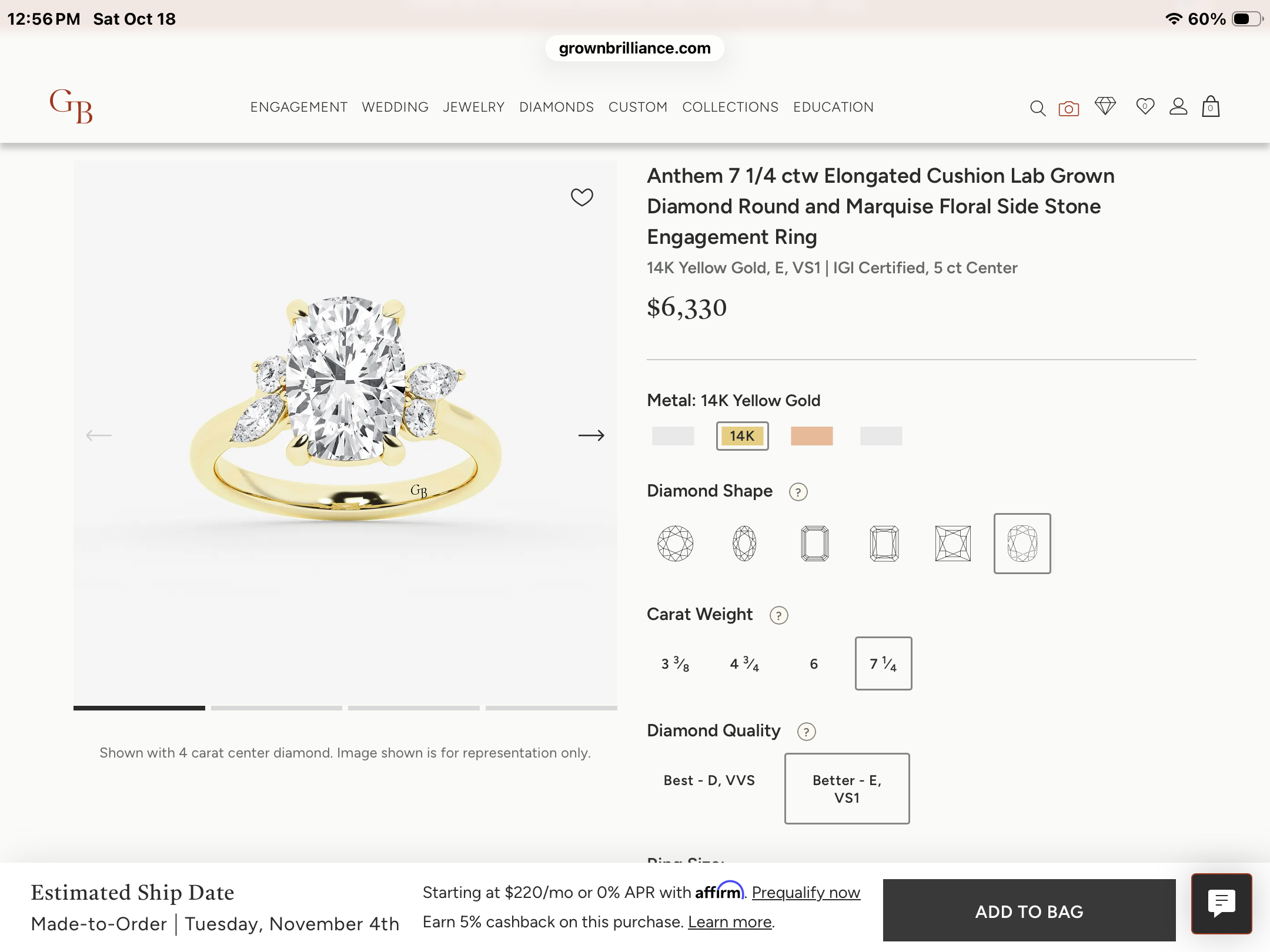  Truly Custom 5 2/5 ctw Elongated Cushion Lab Grown Diamond Side Stone Engagement Ring
