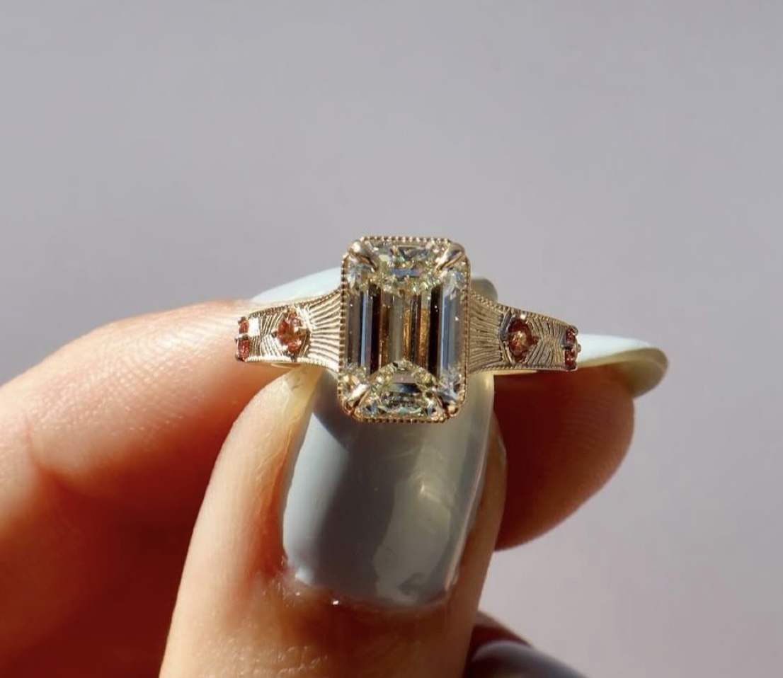  Truly Custom 3 ctw Emerald Lab Grown Diamond and Multi Size Round Shape Created Ruby Side Stone Engagement Ring