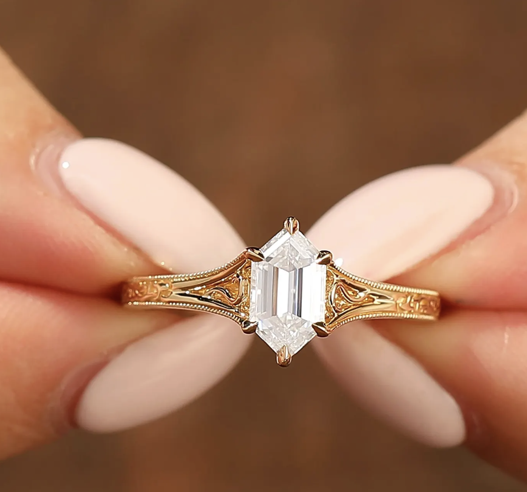 Truly Custom 1 5/8 ctw Hexagon Lab Grown Diamond Side Stone Engagement Ring